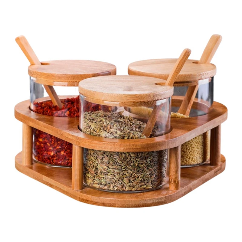 

AT35 Condiment Jars With Bamboo Spoon And Lids Seasoning Container Box Set For Salt Sugar Pepper Spice Box Kitchen Supplies