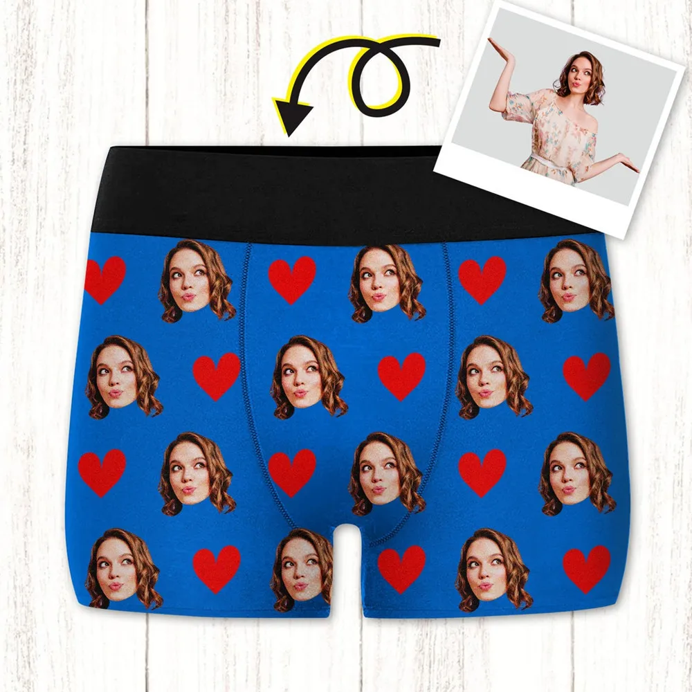 Custom Face Photo Boxer Briefs - Personalized Heart Print Underwear - Unique Gift