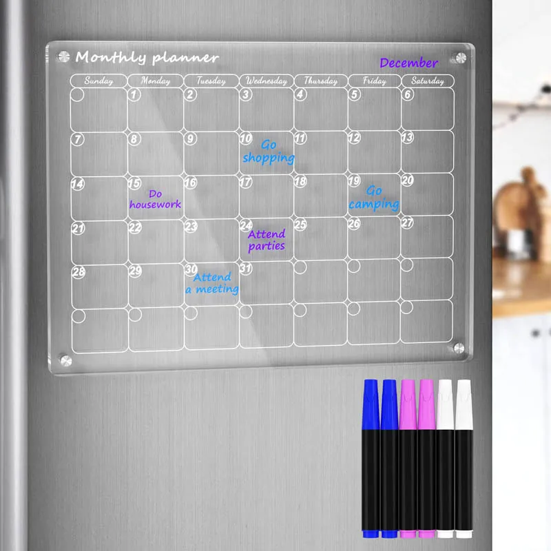 Calendrier mensuel et hebdomadaire magnétique en acrylique pour  réfrigérateur, lot de 2 tableaux effaçables à sec réutilisables, comprend 6  marqueurs effaçables à sec avec 3 couleurs (40 x 30 cm) : :  Fournitures de bureau