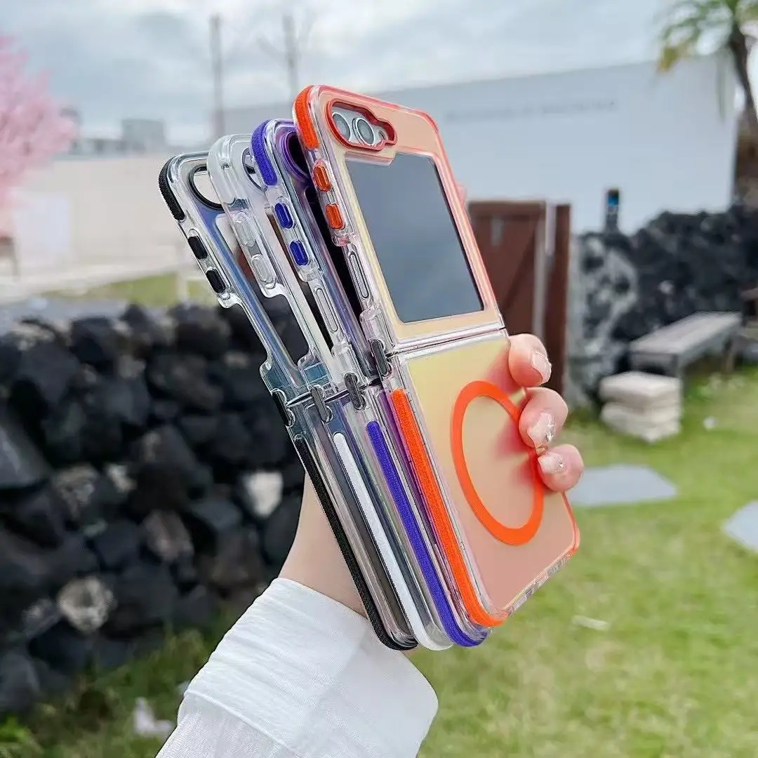 Luxury Color-Changing Acrylic Shockproof Magnetic Wireless Charging Phone Case with Folding Hollow Design