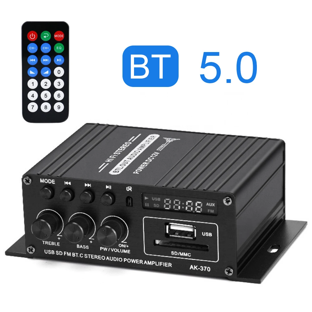 AK-370 파워 앰프 2.0 채널 홈 시어터 앰프, 디지털 오디오 앰프, DC 12V 미니 HIFI 스테레오, USB OTG 입력, 20W + 20W