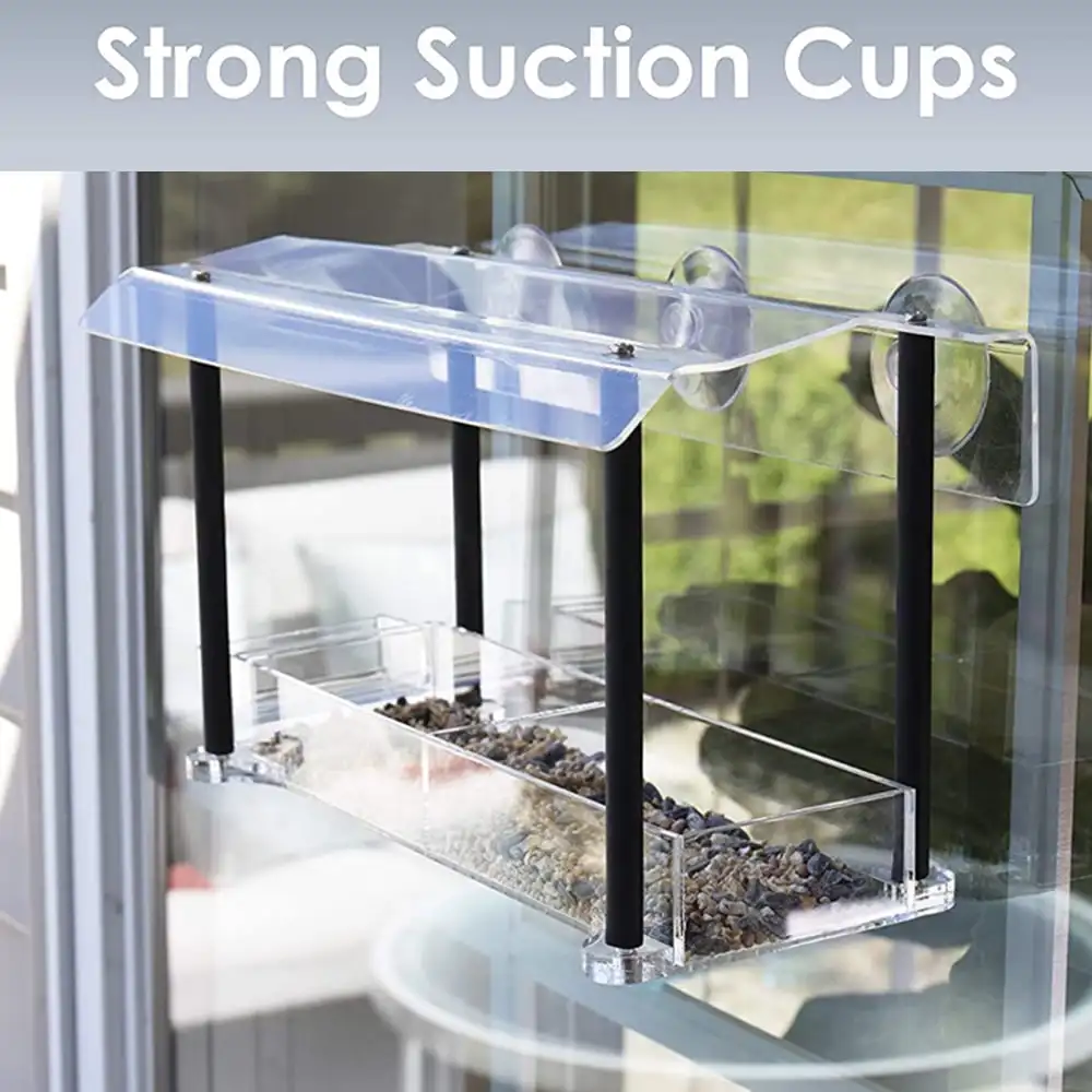 Window Bird Feeder, Large Size with Strong Suction Cups & Seed Tray, Separate Drinking-Water Sink & Wood Pillar Support, Weather