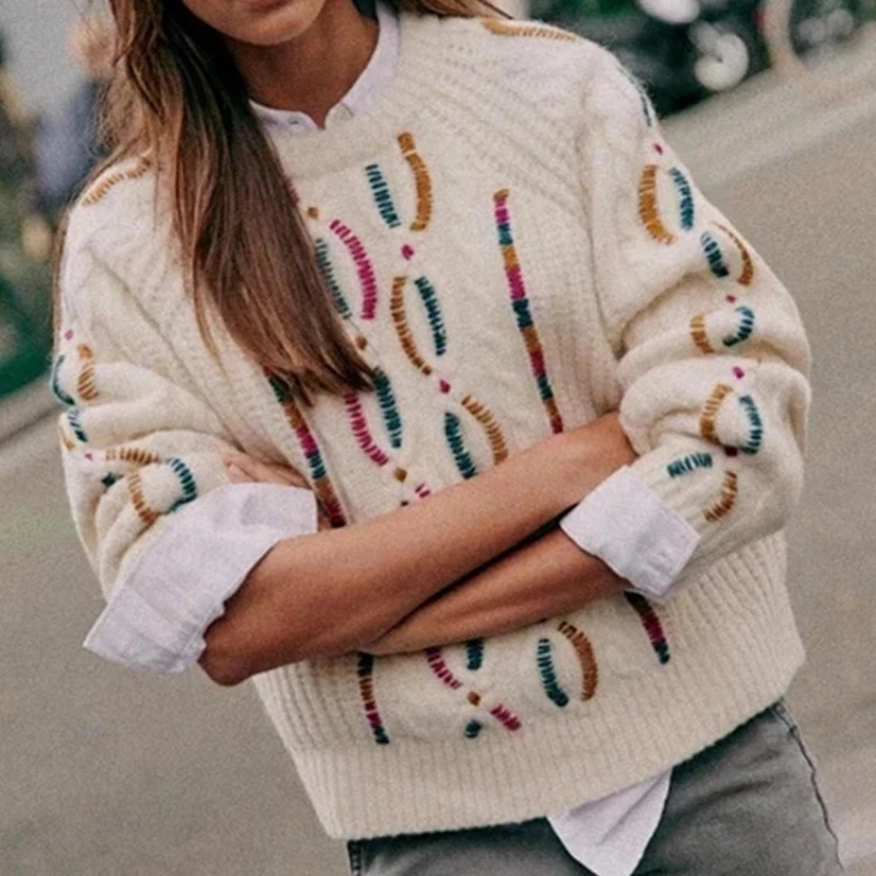 

Women Wool Blends Colorful Crochet Retro Sweater O-neck Long Sleeve Female knit Jumper tops