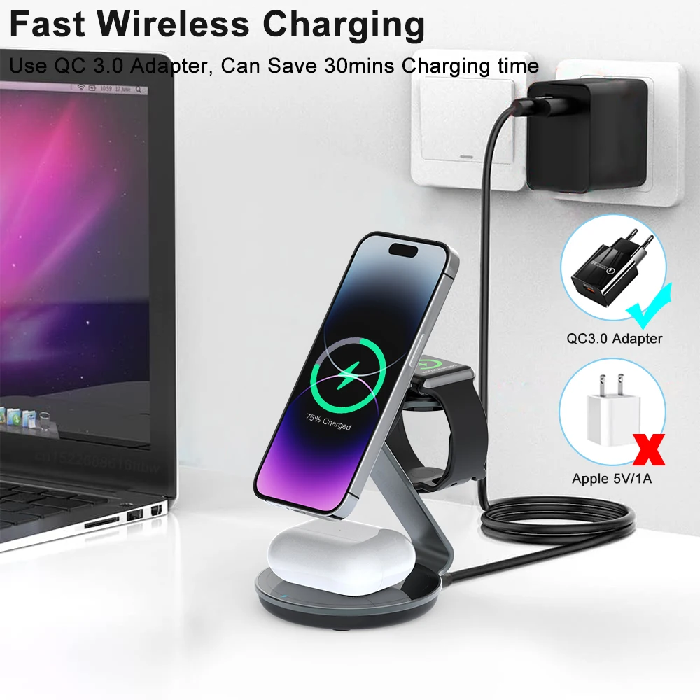 Magnetic Wireless Charger Stand 3 in 1 Fast Charging Station For iPhone 15 14 13 12 Pro Max Apple Watch 9 8 7 6 5 Induction USB