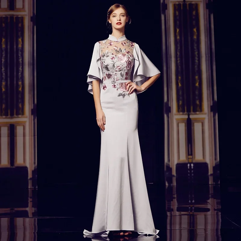 

Gray Modern Chinese Dress 2019 Robe Vintage Femme Embroidery Flounce Sleeve Cheongsam Mermaid Elegant Chinese Dresses FF1739
