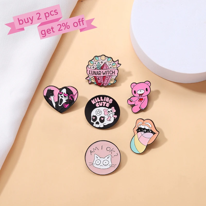 Pink Punk Enamel Pins Custom Witch Bear Tongue Ghost Call Brooches Lapel Badges Gothic Halloween Jewelry Gift for Friends