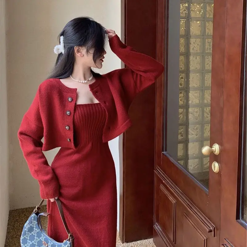 Korean Spring Autumn Fashion Edition Hanging Strap Knitted Dress+Long Sleeve Cardigan Sweater Two Piece Set For Women Outfits