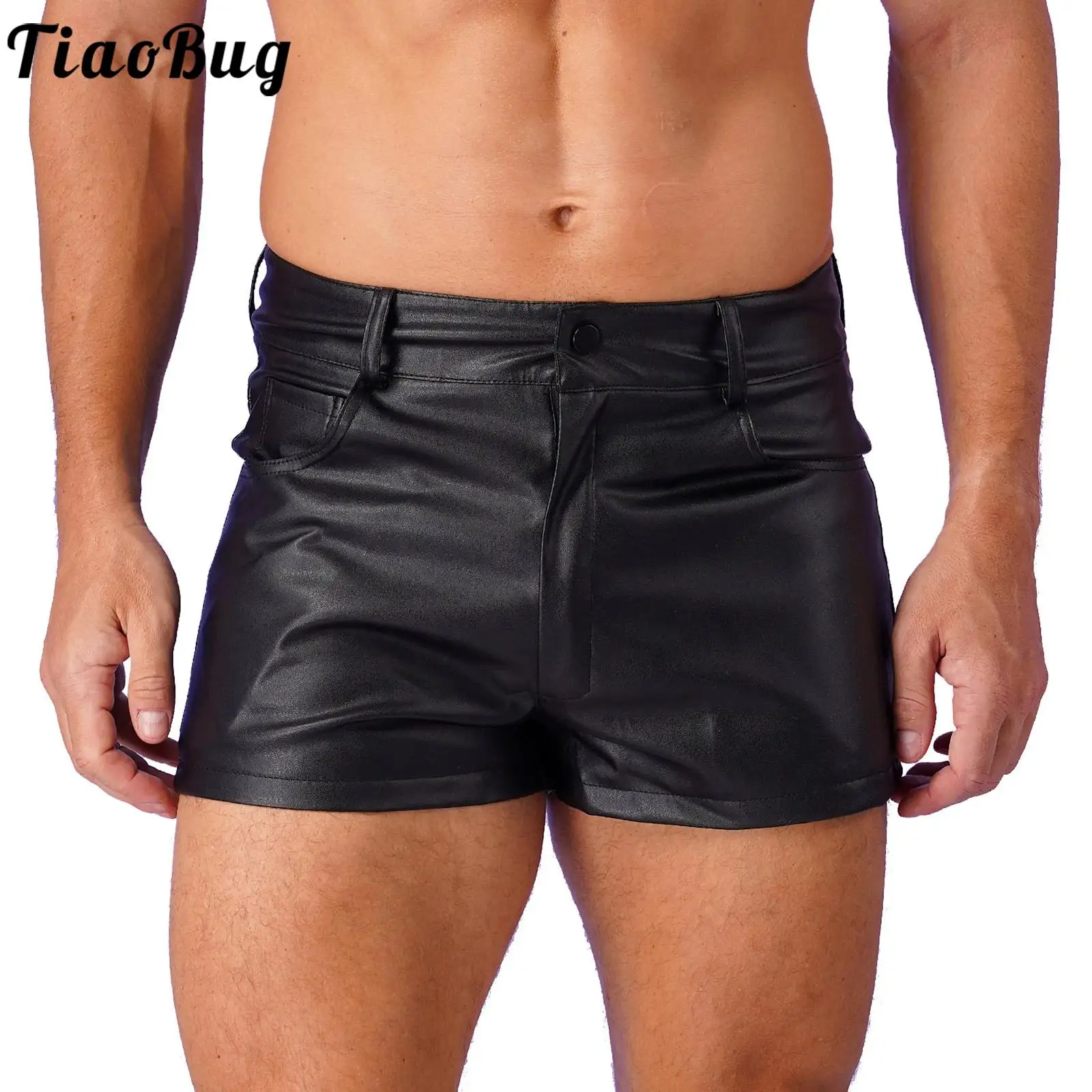 

Black Mens PU Leather Shorts Casual Streetwear Fashion Low Waist Zipper Crotch Shorts Halloween Festivals Clubwear Pole Dance