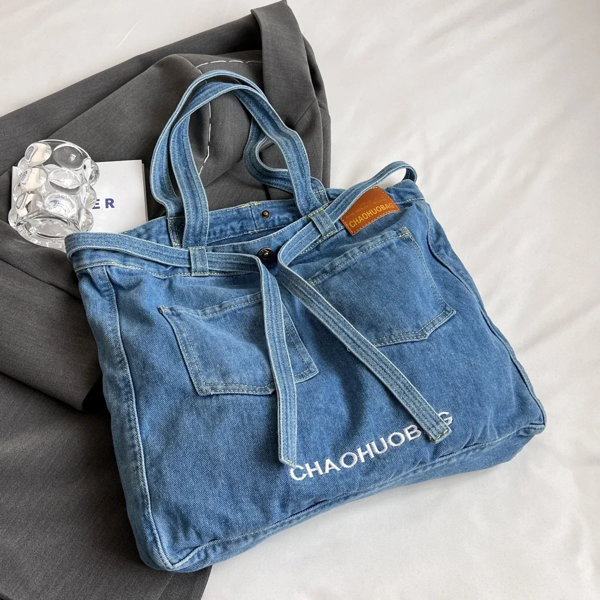 Vintage Denim Textile Big Capacity Tote Bag Stylish Y2K 90s