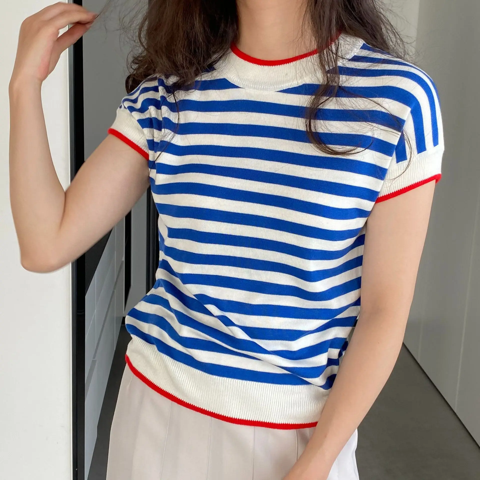 

Summer women's casual striped round neck short sleeved T-shirt