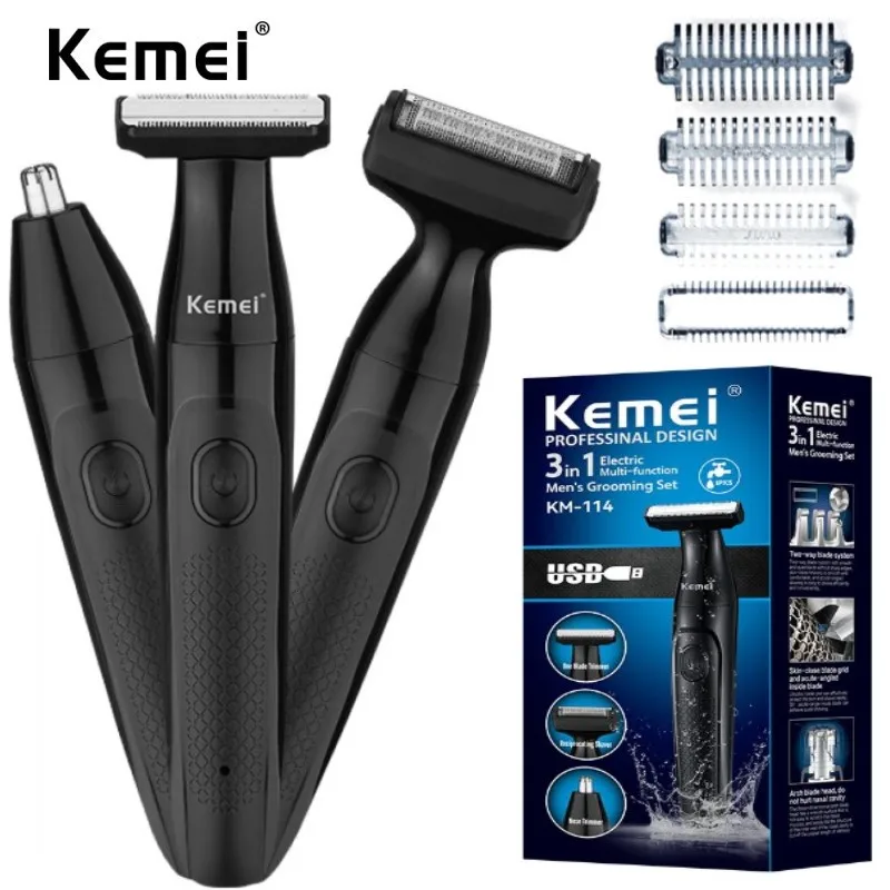 Kemei-barbeador Elétrico Multifunções para Homens Lâmina Impermeável em Nariz Orelha Barba Aparador de Pêlos Pubianos Aparador de Esferas Corporais
