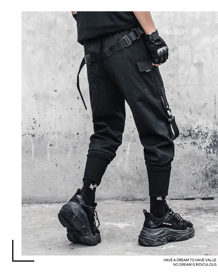 HOUZHOU black overalls jogging pants overalls men's spring and autumn Japanese street hip-hop stitching ribbon 2022 models work casual pants