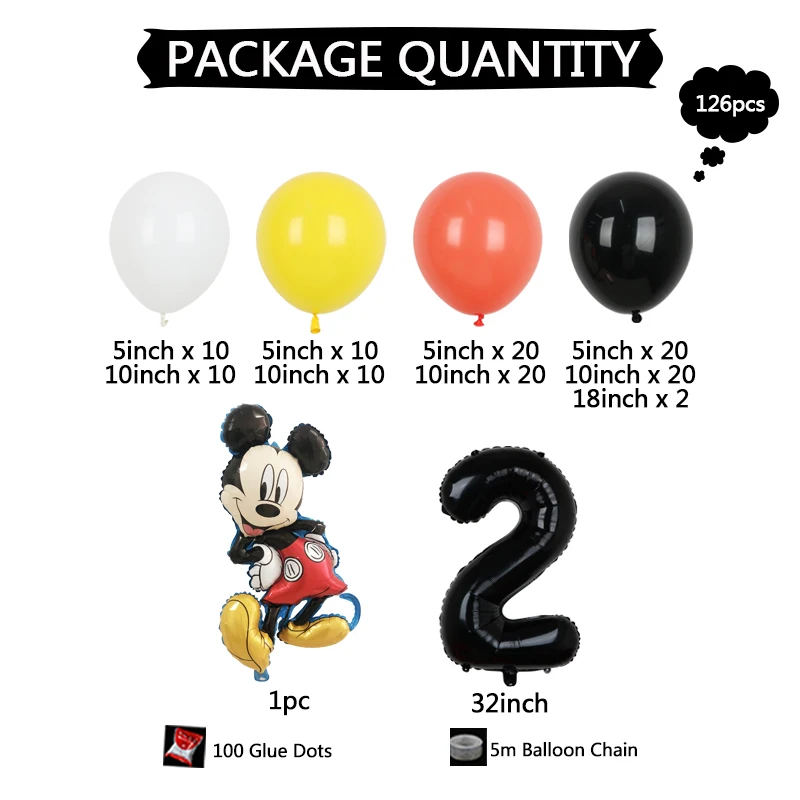 126PCS Disney Mickey Mouse Party Foil Balloons Garland Set Kit Red Black Yellow Latex Balloon 1-9 Kids Boys Birthday Party Decor