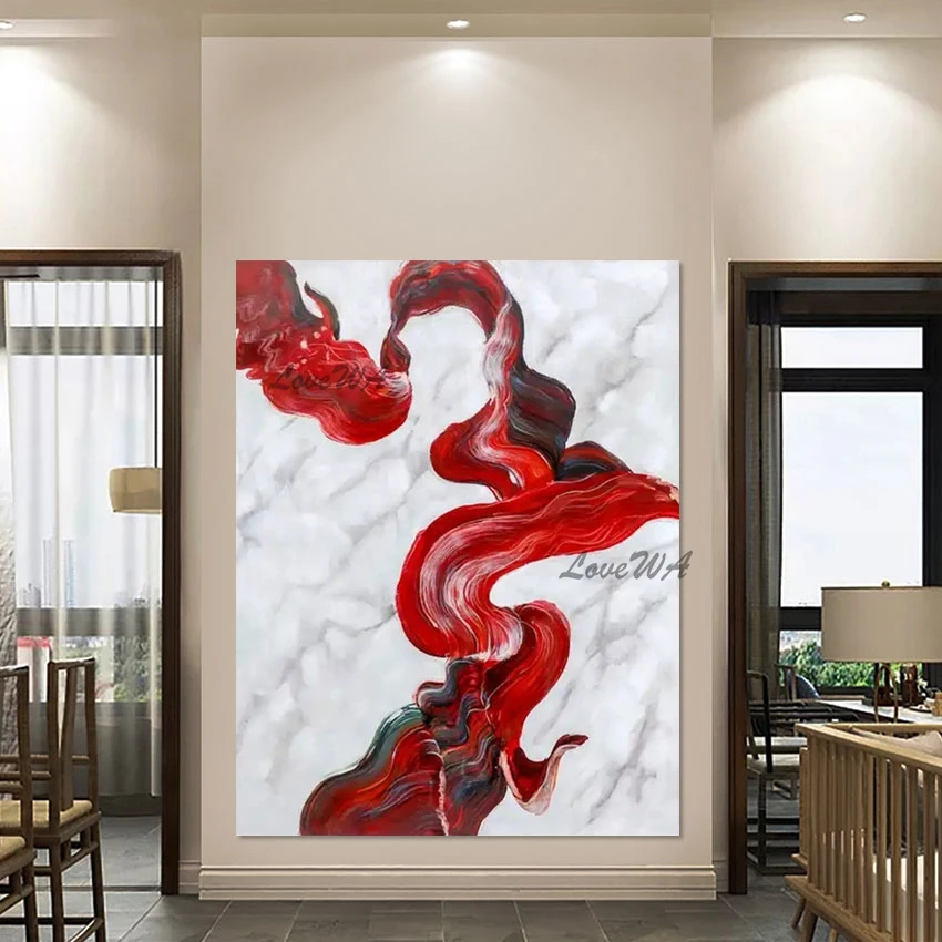 

Cloud Layer Easy Scenery Painting Red Acrylic Style Abstract Hand Drawing Picture Wall Linen Canvas Art No Framed Decor Artwork