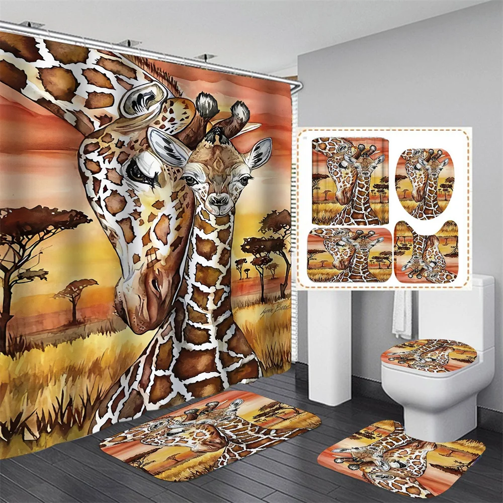 

Cartoon Animal Giraffe Shower Curtain set Wild Animal Giraffe Shower Curtain non-slip Mat Toilet Mat Bathtub Waterproof Curtain