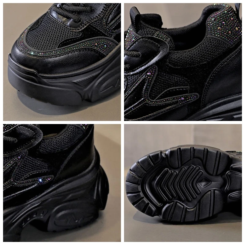 Fujin 10cm Genuine Leather Chunky Sneakers Spring Rhinestone