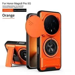 Armor Design Magnetic Ring Holder Case with Slide Lens Window and Dual - Layer Protection for Honor X9c Smart (Orange)