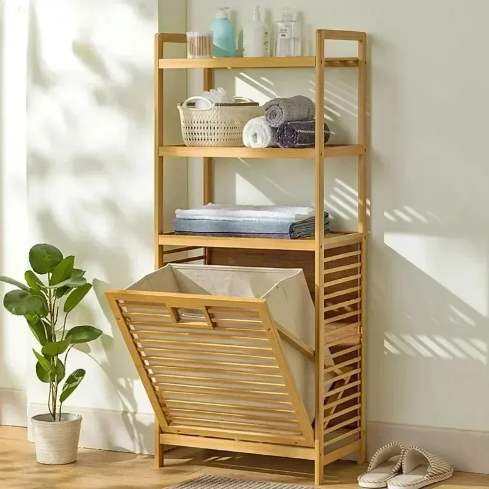 Dirty Clothes Basket Wood Vine Weaving Laundry Hamper Bathroom Rack Large Capacity Laundry Baskets Multi-function Storage Rack 4