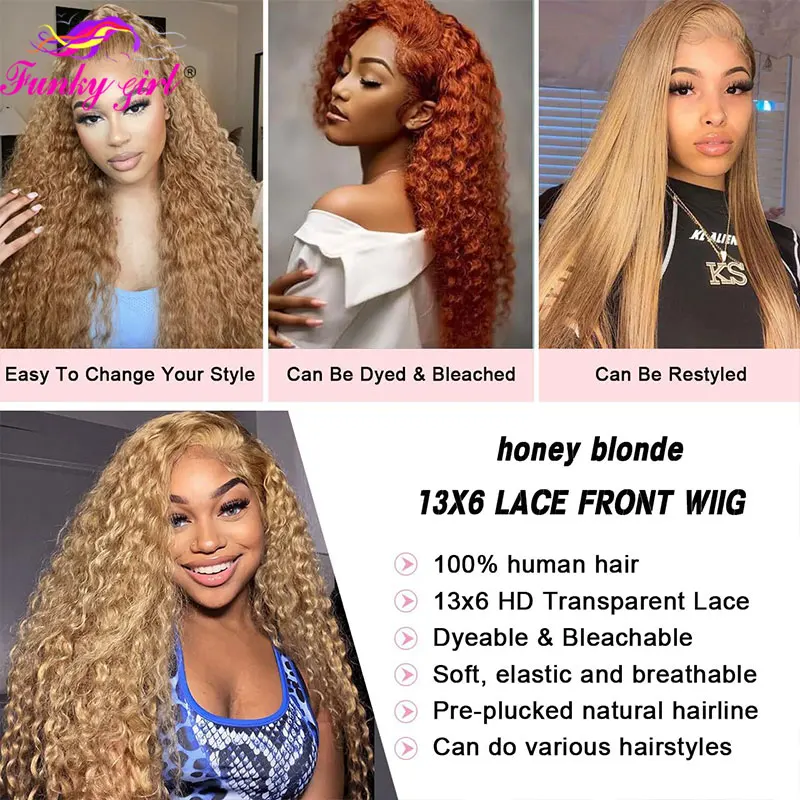 Honey Blonde Water Wave Human Hair Wig 27 Colored Lace Front Wigs 13X6 Deep Curly Lace Frontal Wigs For Women Brazilian Remy Wig 5