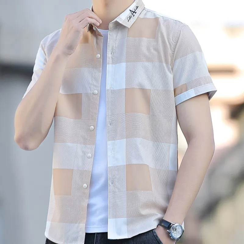 Summer Men Short-sleeved Shirt Korean Version Slim Fashion Handsome Casual Plaid Shirt High Quality Top