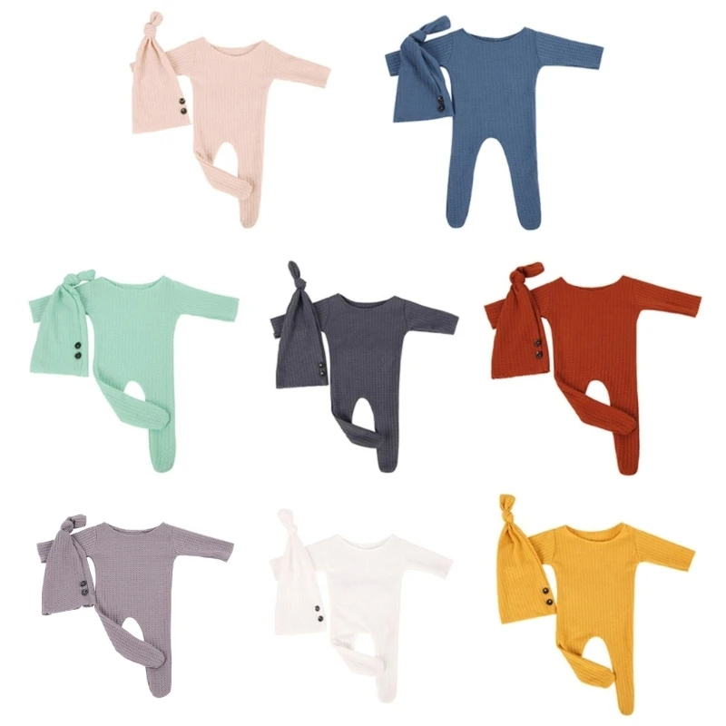 2 Pcs Baby Hat Bodysuit Set Newborn Photography Props Cap Romper Jumpsuit Kit Infants Photo Shooting Clothing Outfits