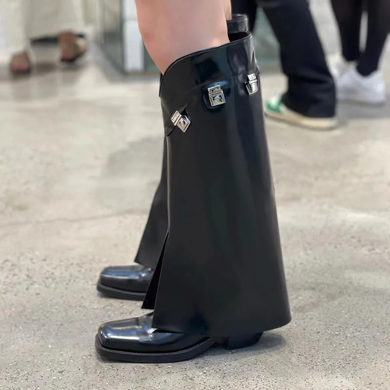 New Fashion Classical Locks Boots Women 2024 Solid Color Knee High Heel Boats Big Size Shoes