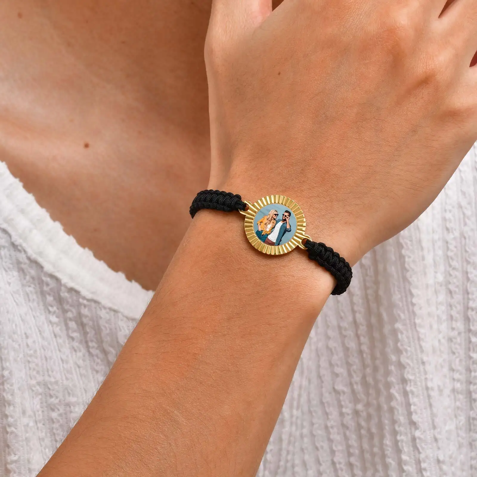 Custom Picture Black Woven Bracelet for Men,Stainless Steel Batch Flower Corrosion Round Wristband,Anniversary's Day Father Gift