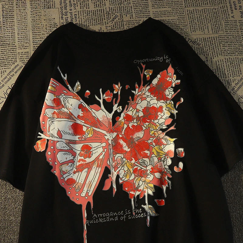 

Pure cotton American high street flower butterfly short-sleeved T-shirt for men and women loose ins trendy hip-hop half-sleeved