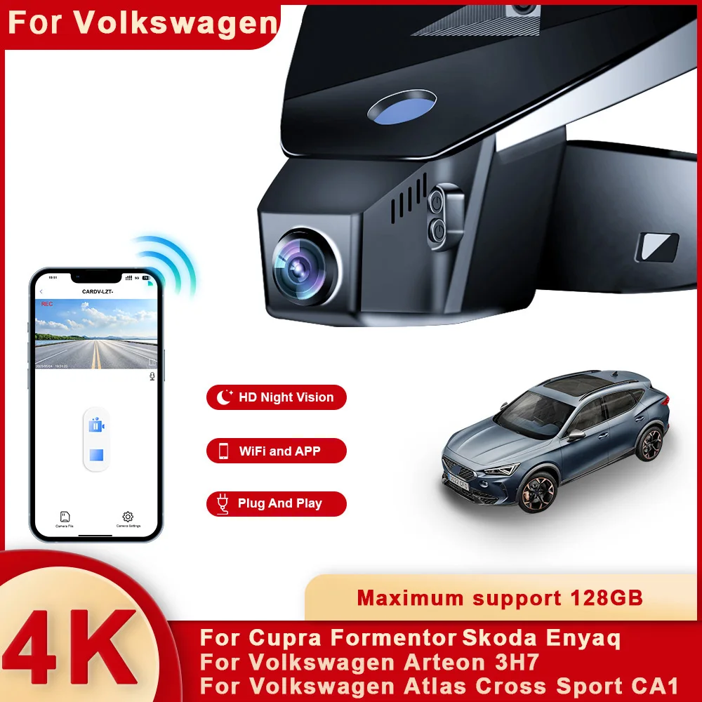 

For Cupra Formentor Volkswagen Atlas Cross Sport CA1 Arteon 3H7 Skoda Enyaq 4K DashCam for Car Camera Recorder WIFI Car Dvr