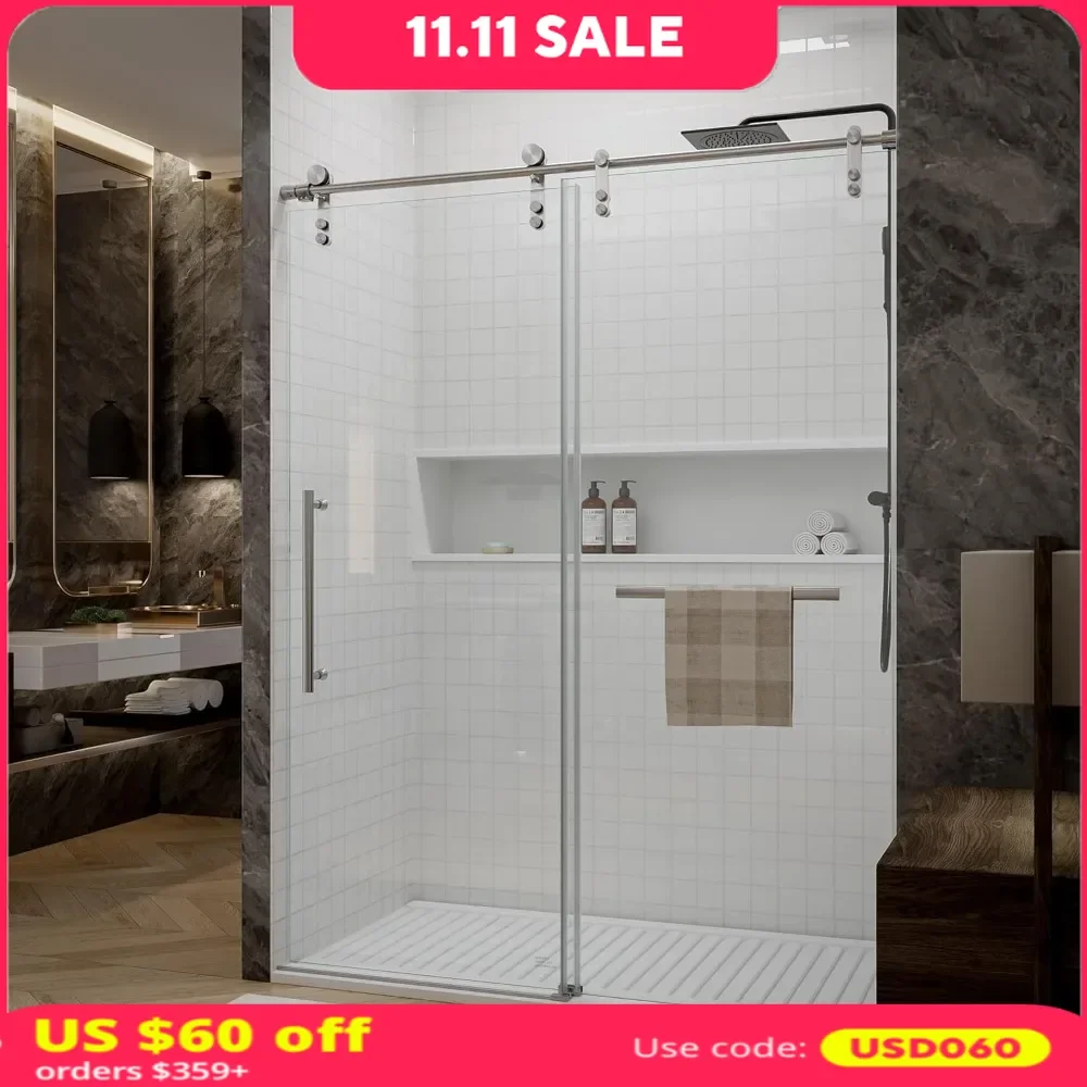 Tub Shower Door, 56-60 in. Wide, Frameless Sliding, with Handle and Watertight Seal, Tempered Glass, Multi-Size Shower Door