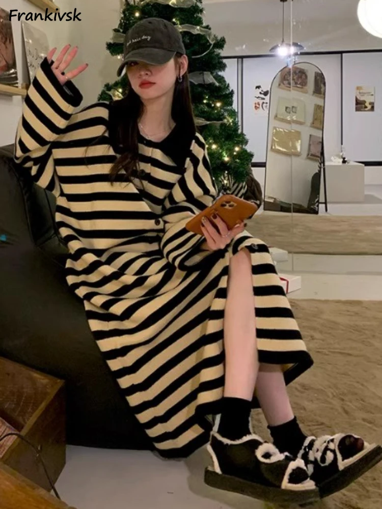 

Striped Dresses Women Sweet Aesthetic Popular Fashion Korean Style Knitwear Streetwear Y2k Slouchy Baggy Mid-calf Autumn Daily