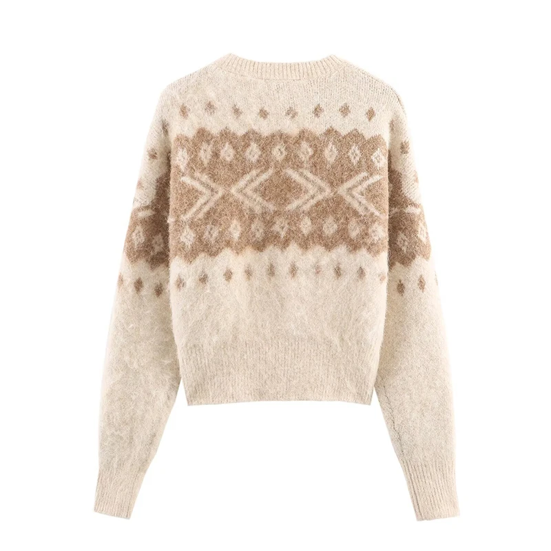 Women's Knitted Pullover Women Fashion Long Sleeve Vintage Jacquard Short Sweater 2025 New Casual Loose Knitwear Tops ﻿ ﻿