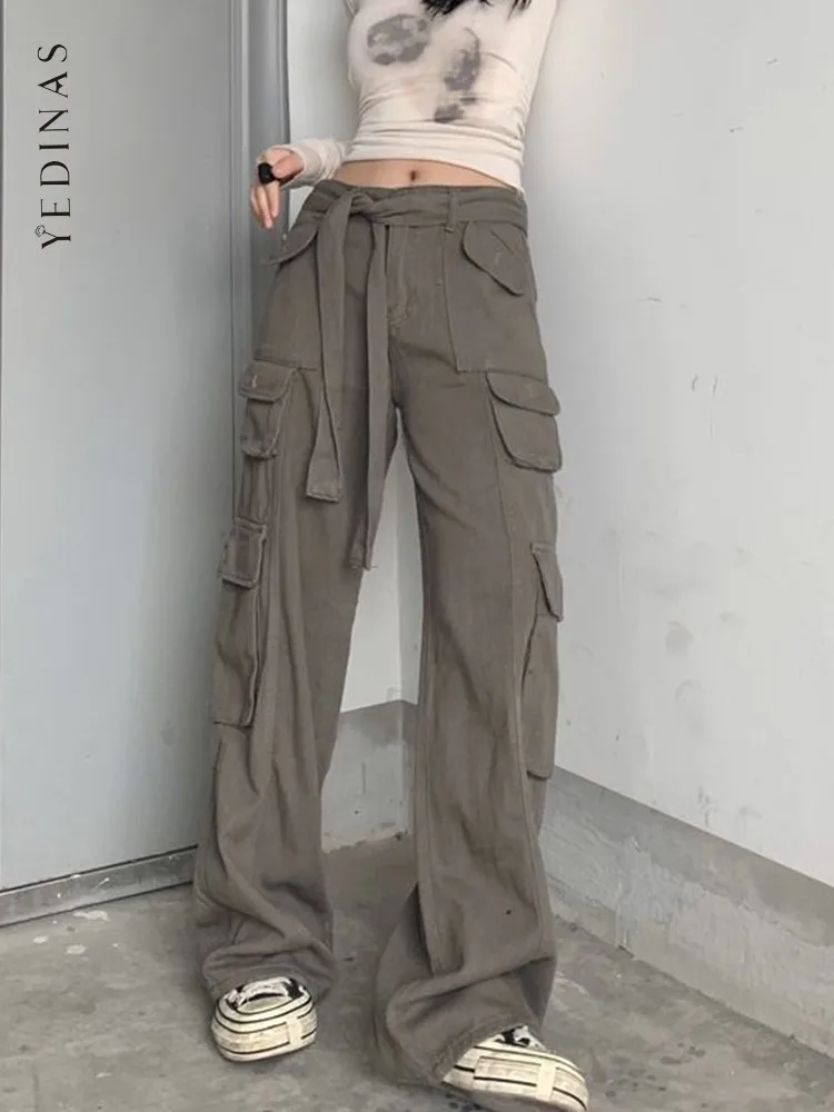 

Yedians Cargo Pants Women Y2k Vintage 90s Lace Up High Waist Pants Wide Leg Women Loose Baggy Patckwork Pockets Trousers Female