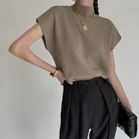 Fashion Vest Shirt Solid Stand-up Collar Knitted Sweater Short Sleeve Office Lady Loose Elegant All-Match Straight Tops - Image 3