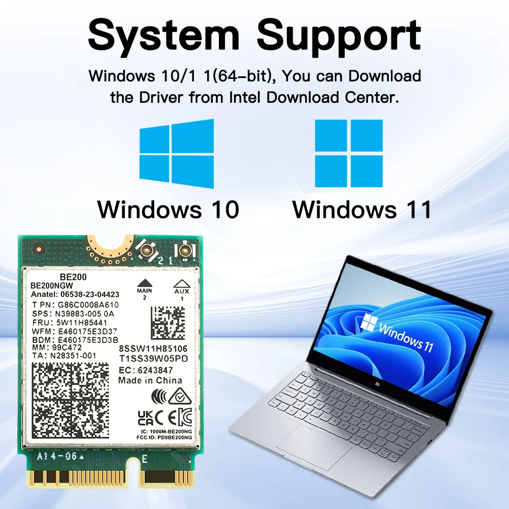 Cartão Wi-fi sem Fio para Intel Cartão Wi-fi Tri-band M.2 Adaptador de Rede Ngff Be200 Be200ngw Bluetooth 5.4 802.11ax Win10 e 11 Wi-fi 6e - Imagem 6
