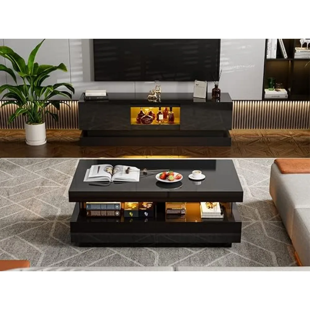 Modern High Glossy Coffee Table, Black Coffee Table with 2 Storage Drawers and Acrylic Design Open Space, Rectangle Coffee Tabl 3