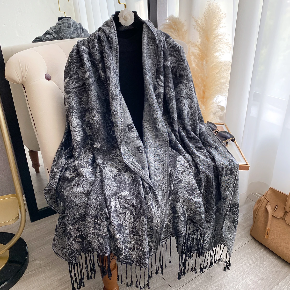 Luxury Women's Winter Cashmere Scarf - Embroidered Printed Tasseled Shawl, Elegant Pareo Cape & Chunky Headscarf
