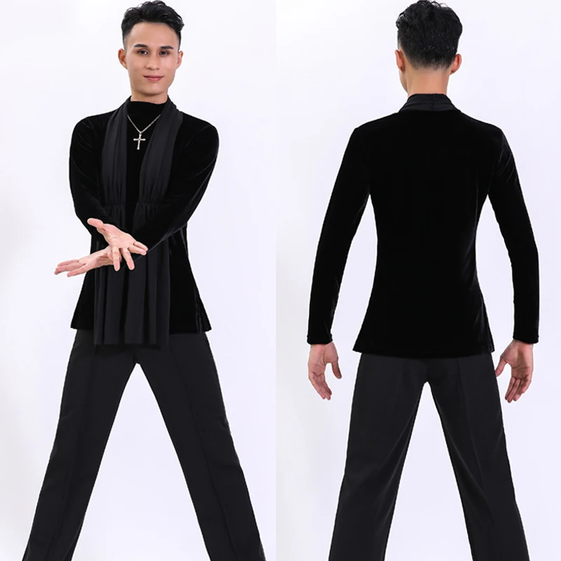 

Мужская рубашка для латиноамериканских танцев с длинным рукавом, бархатный костюм для современных танцев, тренировочная одежда по национальному стандарту, костюмы для латиноамериканских танцев DN14330