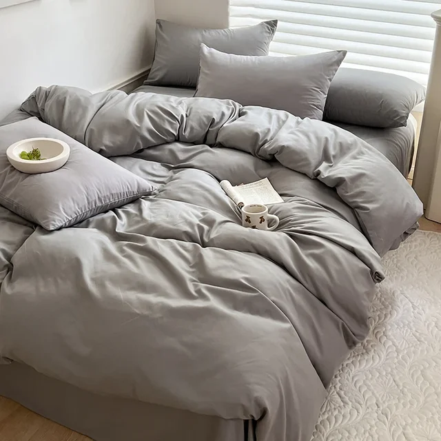 Ensemble de literie en coton, linge de lit solide, avec drap, housse de couette, taie d'oreiller, pour Couple simple, King, Queen, Double, taille 1