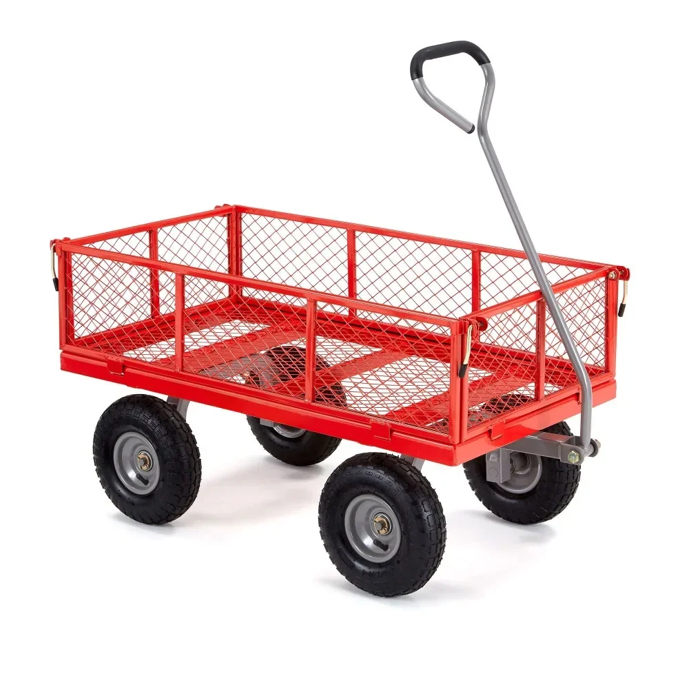 800 Pound Capacity Steel Utility Cart, Flatbed Gardening Cart, Outdoor Yard Wagon with Tow Handle and Removable Sides, Red
