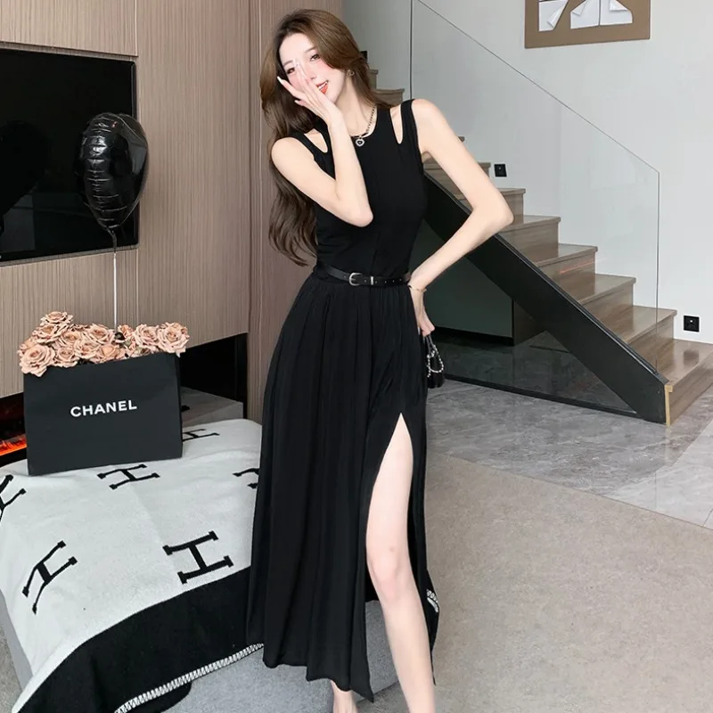 

2023 летнее ажурное платье без рукавов с разрезом, женские платья с круглым вырезом, женские корейские винтажные Вечерние