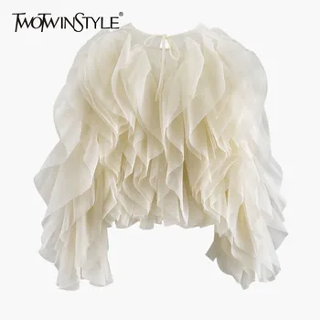 TWOTWINSTYLE Ruffles Shirts For Women O Neck Lantern Sleeve Loose Pullover Summer Blouse Female Fashion Style Clothing 2023 New
