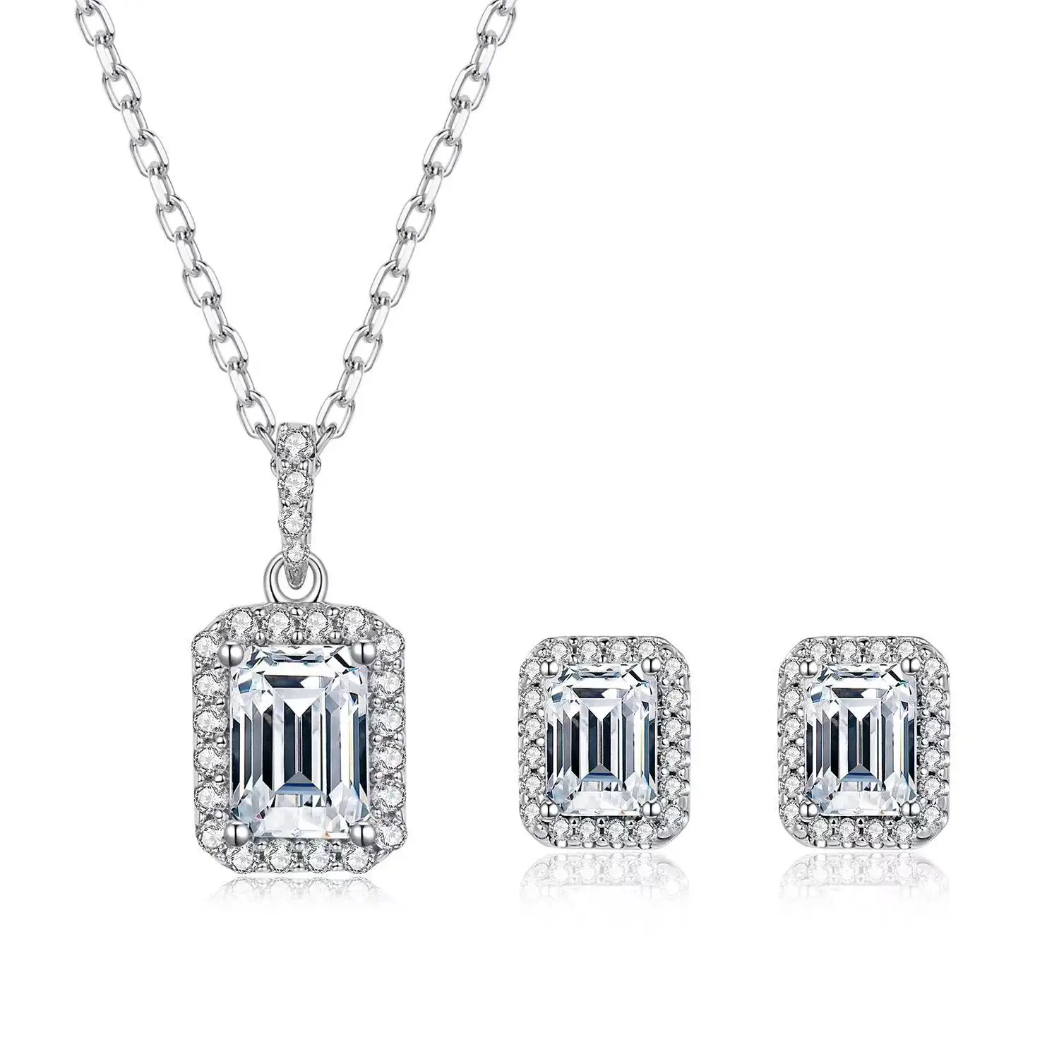 

Engagement diamonds earring jewelry 925 silver sets stud diamond necklace set halo pendant emerald cut moissanite earrings