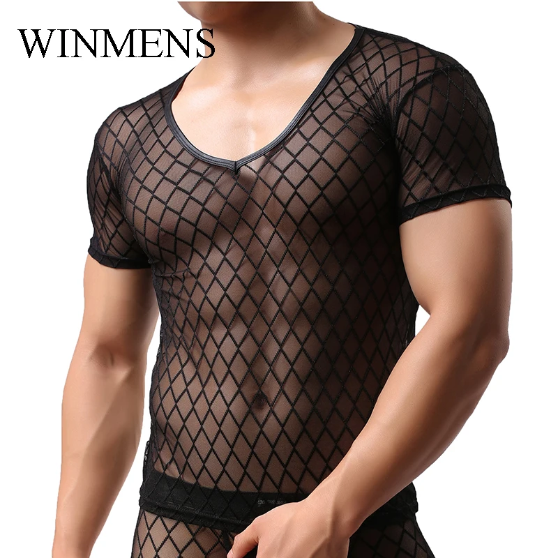 Adult Men's Undershirts Diamond Mesh Breathable Black See Inner O-neck Short Sleeves Sheer Fishnet Fitness Dance Performance