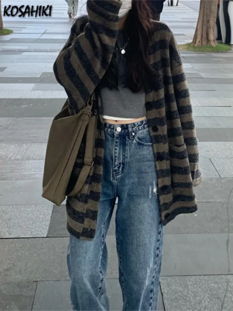 여성용 롱 가디건, 빈티지 루즈 스트라이프 니트 코트, 그런지 패션, Y2k 미적..