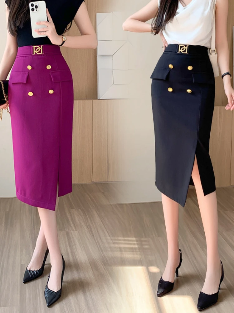 

2024 New in Summer Elegant Women's Skirts Chic Button Straight Pencil Skirt Office Ladies High Waist Slim Mid-Length Skirts