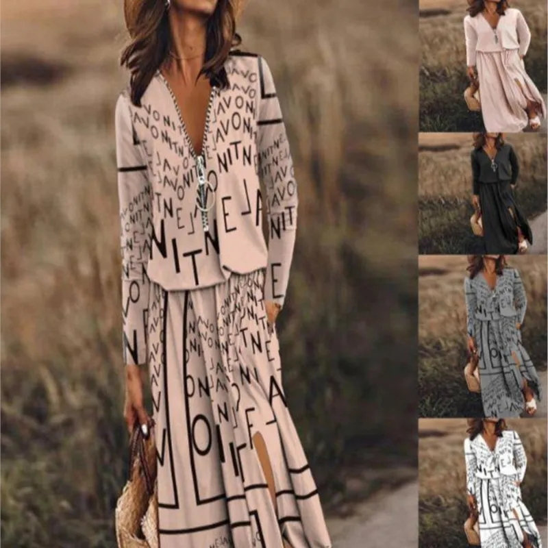 

Женское длинное платье на молнии, повседневное элегантное платье средней длины с V-образным вырезом и рукавами, весна-лето 2023