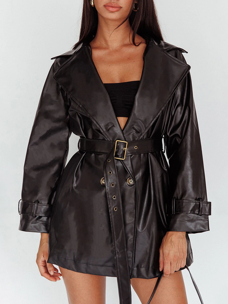 

Женская осенне-зимняя кожаная куртка, блейзер, однотонное пальто из искусственной кожи с лацканами и поясом, черное пальто из искусственной кожи, шикарная Офисная Женская куртка