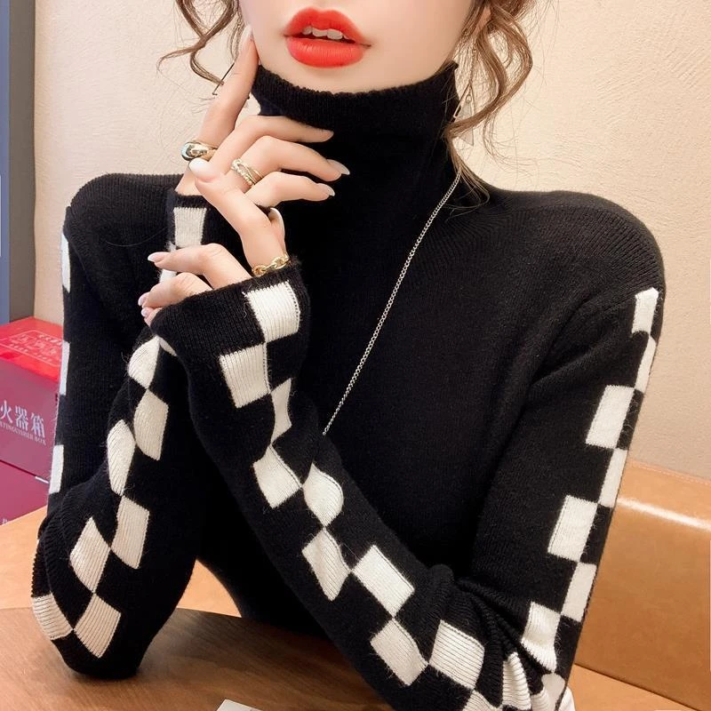 blue sweater New Autumn/Winter Women Harajuku Slim T-shirt Women's Plaid Printed Retractable Turtleneck Pullover Luxury 2022 Long-sleeve Top sweater for women