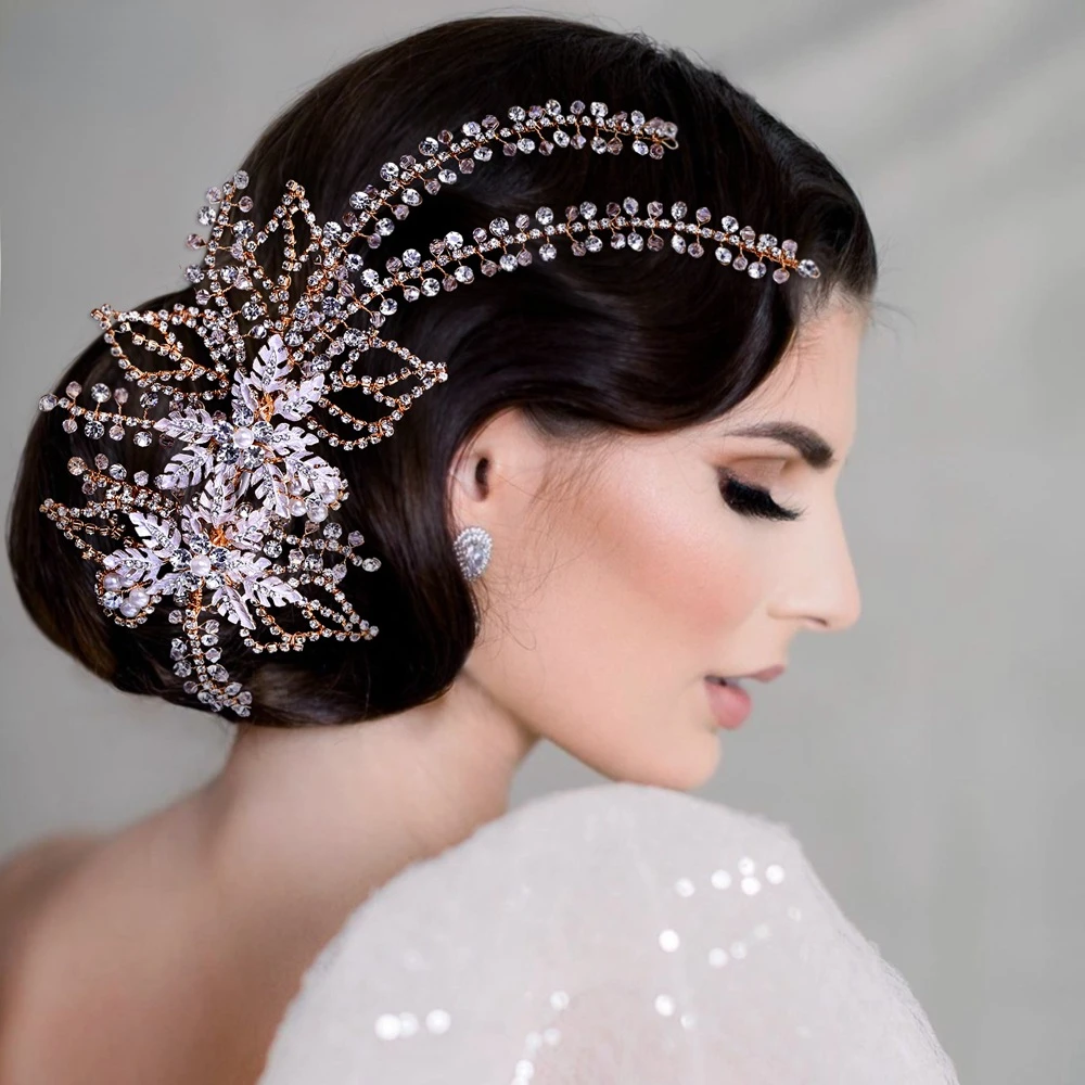 

High-end Elegant Female Fashion Exquisite Golden Branch Jade Leaf Design Sparkle Rhinestone Handmade Stage And Bridal Headwear